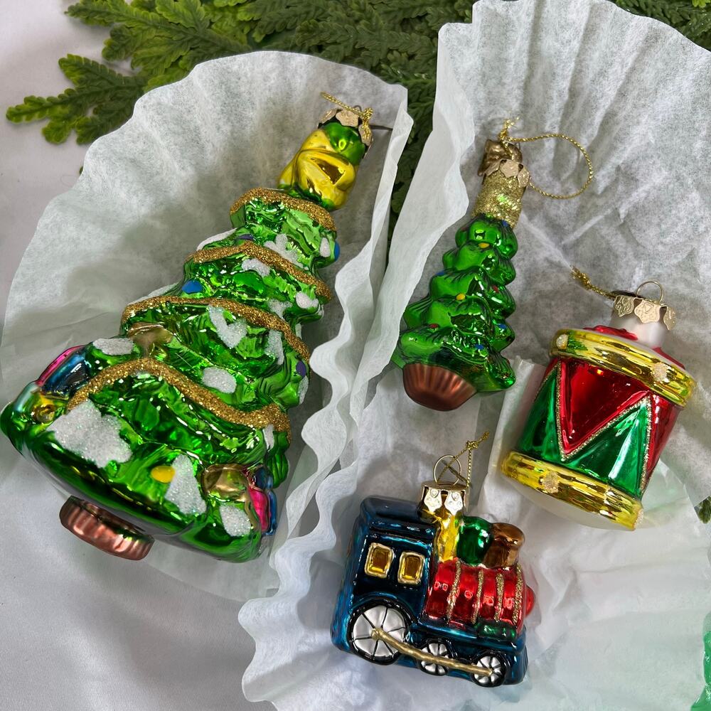 Vintage Thomas Pacconi Glass Christmas Tree 3.5” & 6.5” + Drum Train Ornaments